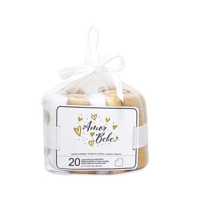 20-pack of tan and white washcloths from Rose Textiles, packaged in a transparent bag with a decorative bow and label.