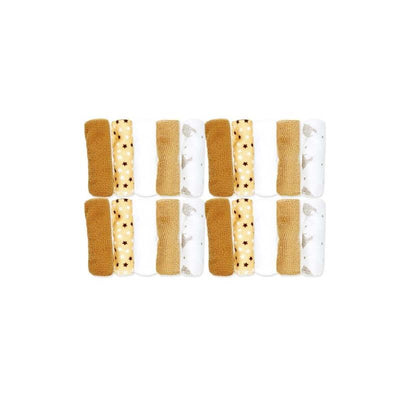 Set of 20 tan and white washcloths featuring sheep and star patterns, displayed in an organized grid.