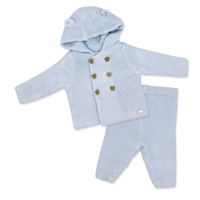 Hooded baby knit set in baby blue, featuring a double-breasted cardigan with bear ears and matching pants.