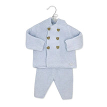Hooded knit set for baby boys in baby blue, featuring a buttoned jacket and matching pants.