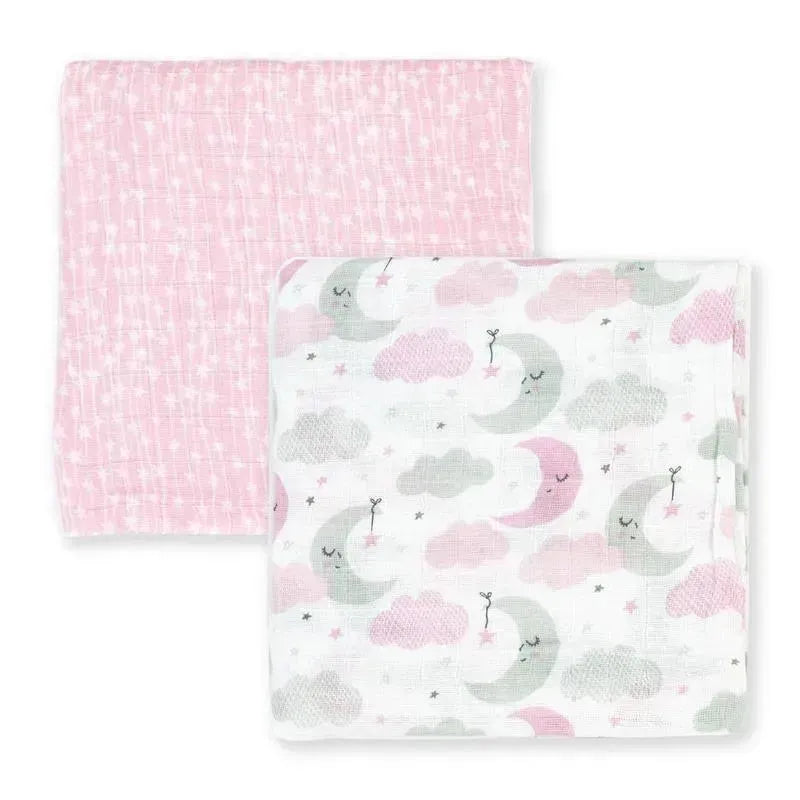 Rose Textiles - 2Pk Baby Girl Muslin Swaddle Blankets, Pink Star/Wave Image 3