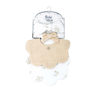 Rose Textiles - 2Pk Bibs + 2Pk Headbands Tan Foliage Image 2