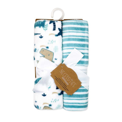 Two-pack flannel fleece blankets featuring teal dinosaur patterns and a striped design, tied with a white ribbon.