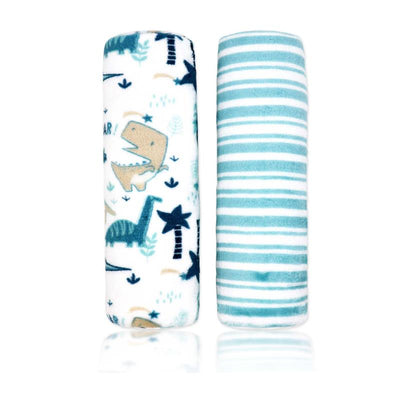 Two-pack flannel fleece blankets featuring teal dinosaur patterns on one and striped design on the other.