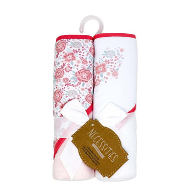 Hooded towel set in pink bouquet pattern, featuring floral designs and a hanging hook, tied with a ribbon.