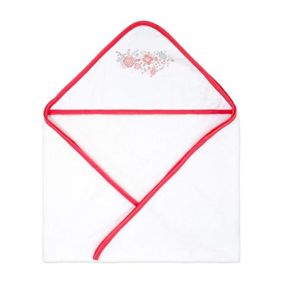 Hooded towel in white with red trim, featuring a pink botanical print on the corner, ideal for baby bath time.