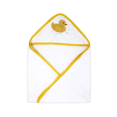 Hooded towel featuring a yellow duck design on a white background, edged with yellow trim.