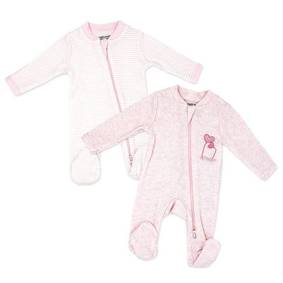 Two pink preemie mitted sleepers: one with white stripes and pink accents, and one solid pink with a heart design.