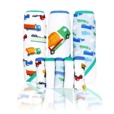 Hooded towels and washcloths featuring colorful truck designs, ideal for bath time.