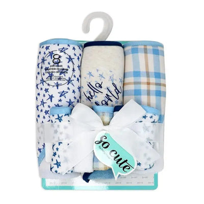 Hooded towel set in navy with three towels featuring star and plaid patterns, includes five matching washcloths.