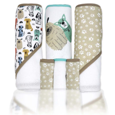 Hooded towels and washcloths in tan with dog prints and paw designs, ideal for bath time.