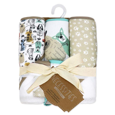 Hooded towels and washcloths set featuring tan dog patterns, soft materials, and a decorative ribbon.