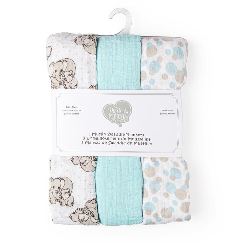 Rose Textiles - 3 Pack Baby Muslin Swaddle Blanket, Elephant Blue Image 1