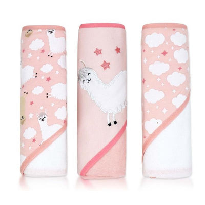 Hooded towel set featuring three pink towels with llama designs and cloud patterns, ideal for bath time.