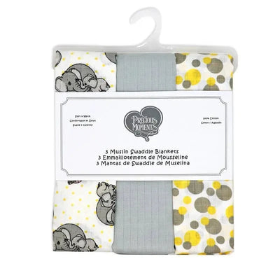 Three muslin swaddle blankets featuring elephant designs and yellow polka dots, packaged with a gray band.