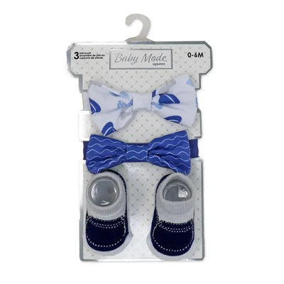 3-piece set for infants includes two blue bowties and a pair of navy socks, suitable for ages 0-6 months.