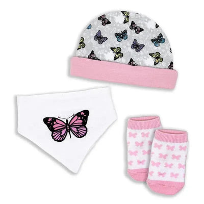 Rose Textiles - 3 Pcs Socks, Hat And Bib, Pink Butterfly Image 1
