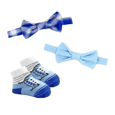 Three-piece set featuring a blue plaid bowtie, a solid light blue bowtie, and blue socks designed with a sneaker pattern.