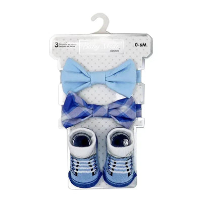 3-piece baby bowtie and sock set featuring two blue bowties and a pair of blue and white sock shoes, suitable for ages 0-6 months.