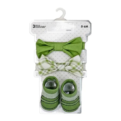 3-piece bowtie and sock set in sage plaid, featuring a solid green bowtie, a plaid bowtie, and coordinating socks.