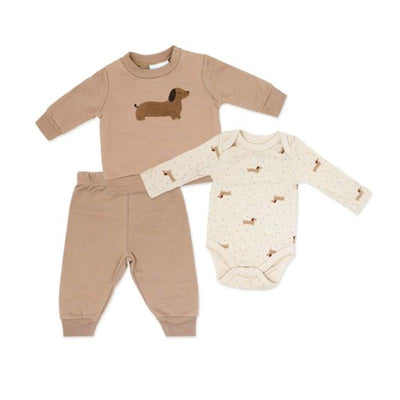 3-pack baby boy jogger set featuring a brown dog design on the shirt, coordinated pants, and a printed onesie.
