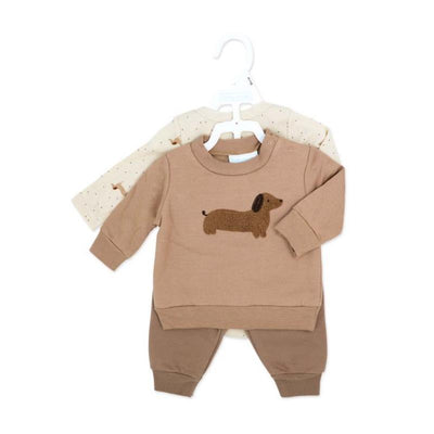 Baby boy jogger set in brown featuring a sweatshirt with a brown dog motif and matching pants.