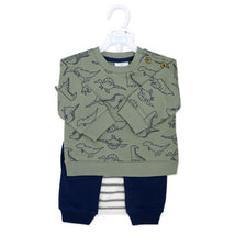 French terry set for baby boys featuring a green dinosaur-printed long-sleeve top and navy pants.