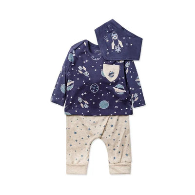 Three-piece jogger set for baby boys featuring a navy blue top with space-themed graphics, beige pants with stars, and a matching bandana.