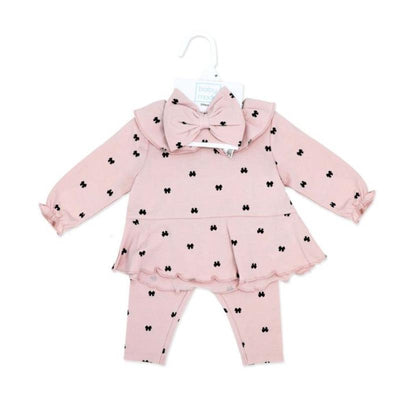 Baby girl legging and headband set featuring a pink outfit with black bow prints and a matching headband.