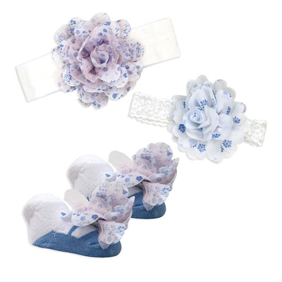 Rose Textiles - 3Pk Chiffon Headband & Sock Set, Blue Flowers Image 1