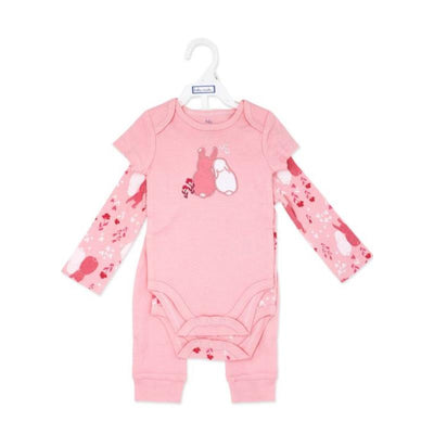 Pink bodysuit set for girls featuring a bunny graphic, with long-sleeved floral sleeves.