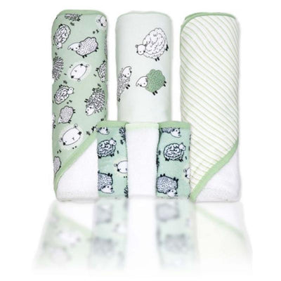 Rose Textiles 3Pk Hooded Towels With 3 Washcloths, Sage Sheep Image 1