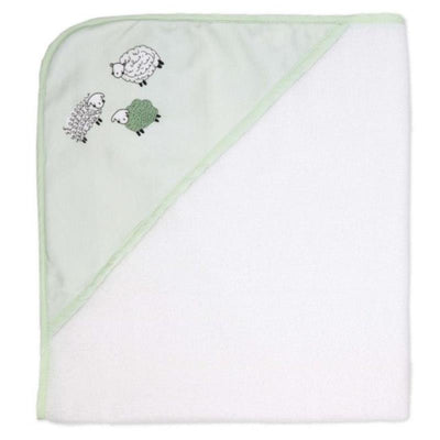 Hooded towel with sage green trim featuring three illustrated sheep, soft white cotton texture, ideal for children.