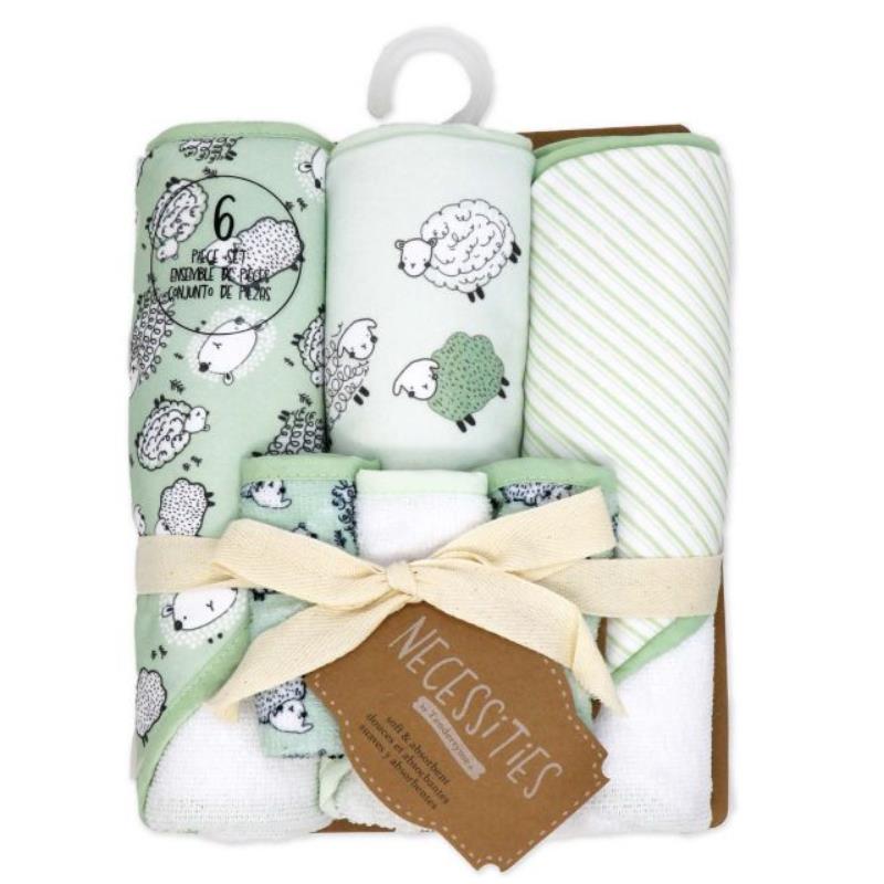 Rose Textiles 3Pk Hooded Towels With 3 Washcloths, Sage Sheep Image 3