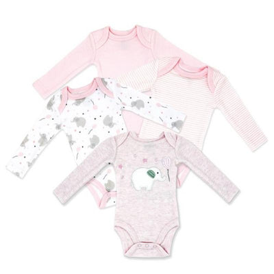 Rose Textiles 4Pk Baby Girl Naturelle Long Sleeve Bodysuit, Pink Elephant Image 1
