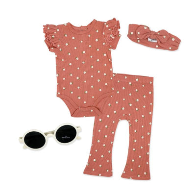Coral floral four-piece baby girl pant set featuring a ruffled short-sleeve bodysuit, matching leggings, a headband, and sunglasses.