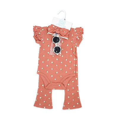 Coral floral 4-piece baby girl pant set featuring a ruffled bodysuit, matching pants, and sunglasses.