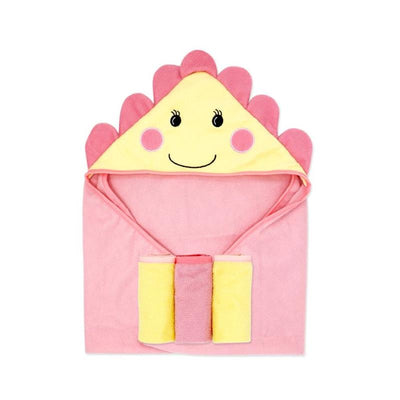 Hooded baby towel in pink with a smiling face design, featuring yellow accents and a convenient tie.
