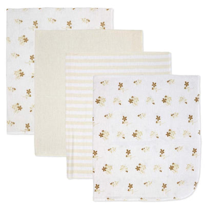 Flannel receiving blankets in a 4-pack featuring tan foliage patterns and soft striped designs.