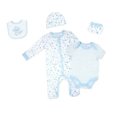 Set of five baby boy clothing items including a floral onesie, striped bodysuit, cap, bib, and booties in light blue.