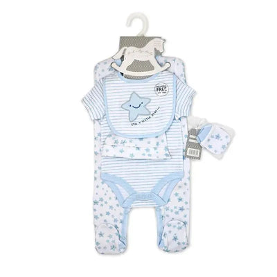 Five-piece baby boy clothing set featuring a striped onesie, bib, socks, and a hat with star patterns in blue and white.