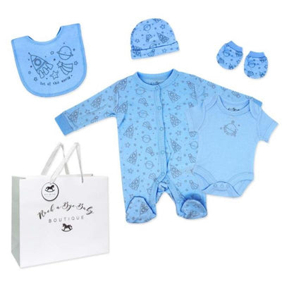 5-pack baby boys mesh bag set featuring blue clothing with space designs, including a onesie, hat, and bib.