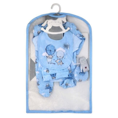 5-pack baby boys mesh bag set featuring blue clothing with hot air balloon designs, including a bib and booties.