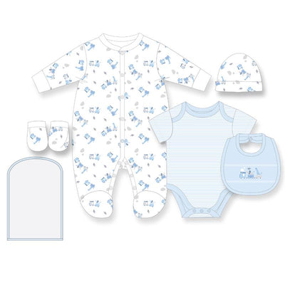 Baby boys mesh bag set featuring a train-themed onesie, bib, hat, socks, and striped bodysuit in light blue tones.