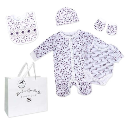 5-pack baby girls mesh bag set featuring purple floral patterns, including a bib, hat, onesie, and booties in a boutique bag.