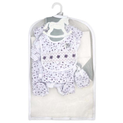 5Pk Baby Girls Mesh Bag Set in purple floral design, featuring outfits, a bib, and booties packaged in a clear bag.