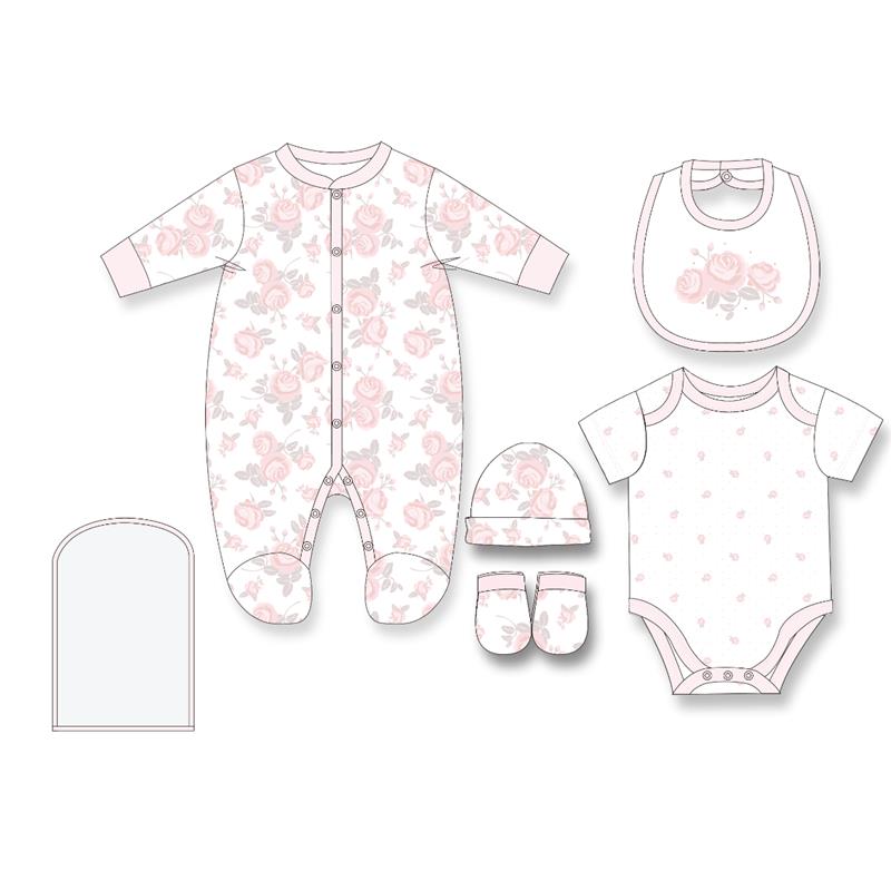 Rose Textiles - 5Pk Baby Girls Mesh Bag Set, Soft Coral Floral Rose Image 1