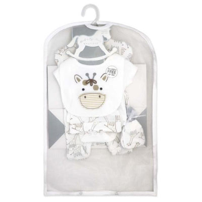 Neutral baby mesh bag set featuring giraffe-themed clothing items including a bib, booties, and outfits.