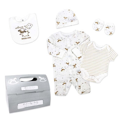 Neutral baby clothing set including a footed sleeper, bodysuit, hat, bib, and mittens in a gift box.
