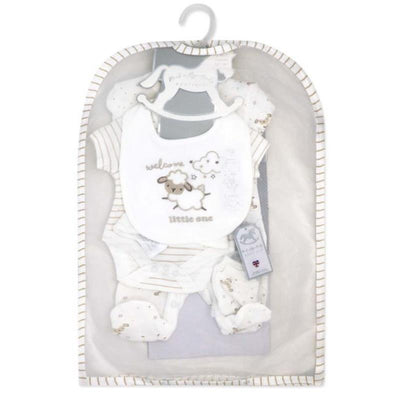5-pack baby neutral mesh bag set featuring outfits, a bib with sheep design, and soft pastel colors.